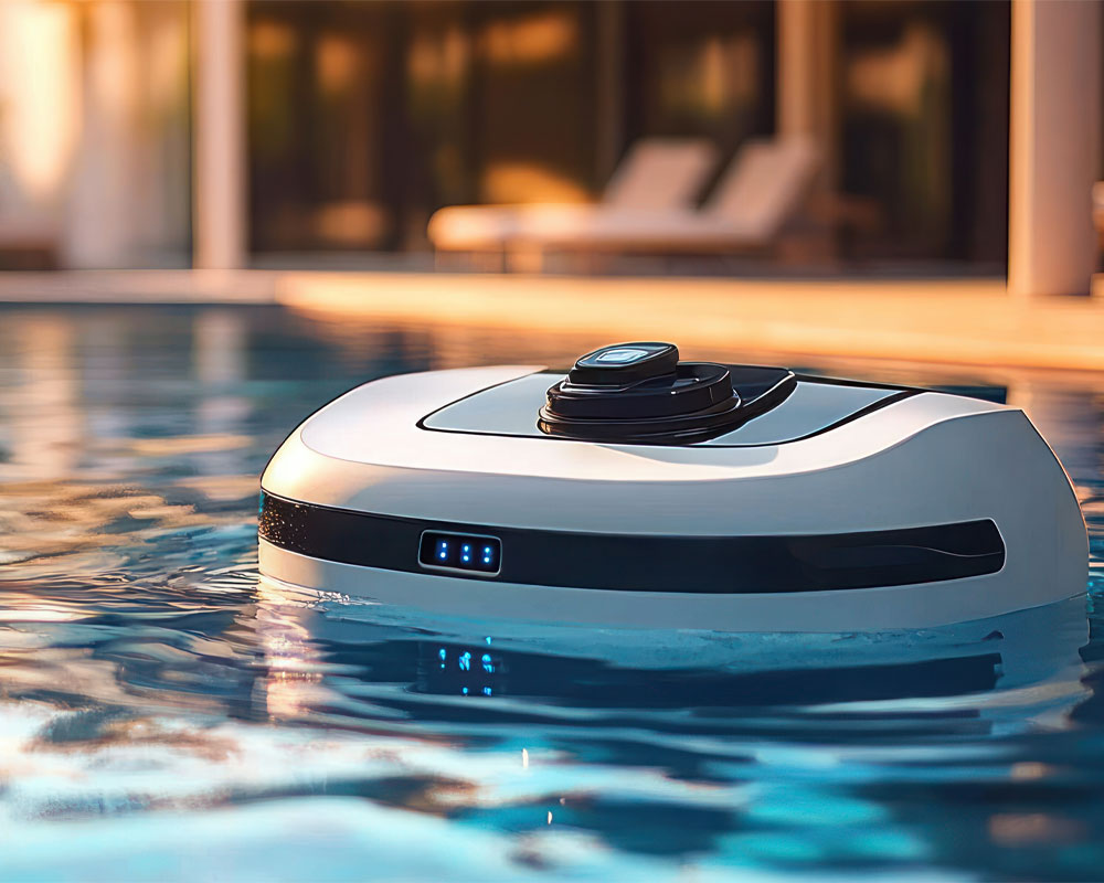 Robotic pool cleaner floating in water, showcasing advanced technology for efficient pool maintenance and clarity.