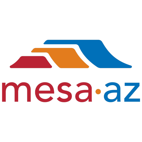 Mesa, AZ logo featuring stylized elements in red, orange, and blue, representing the city's identity and community.