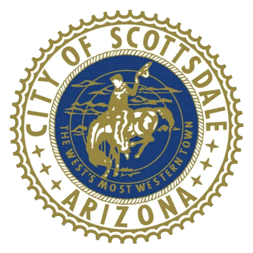 City of Scottsdale seal featuring a cowboy on a horse, surrounded by the text "CITY OF SCOTTSDALE" and "ARIZONA," symbolizing the rich heritage and culture of South Scottsdale, relevant to local pool service offerings by Pelican Pools.